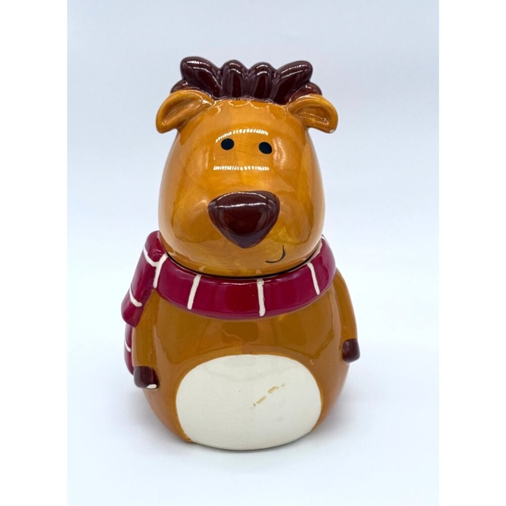 David's Cookies Hand Painted Reindeer Christmas Cookie Jar w/ Removable Lid